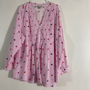 Woman Within Tunic Blouse Womens 3X Pink Striped Heart Print Good Pintuck Top